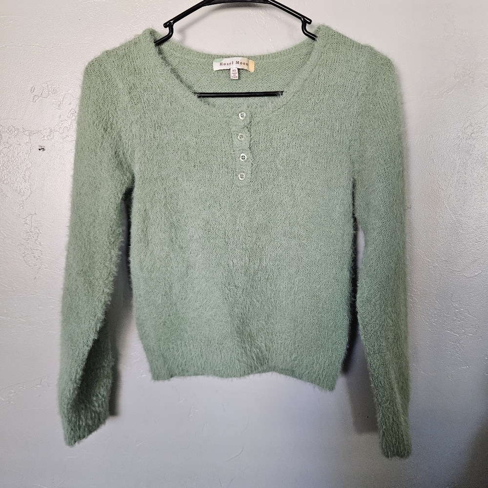 Hazel Moon Women's XS Sage Green Buttoned Sweater Cropped Eyelash Soft Plush Top